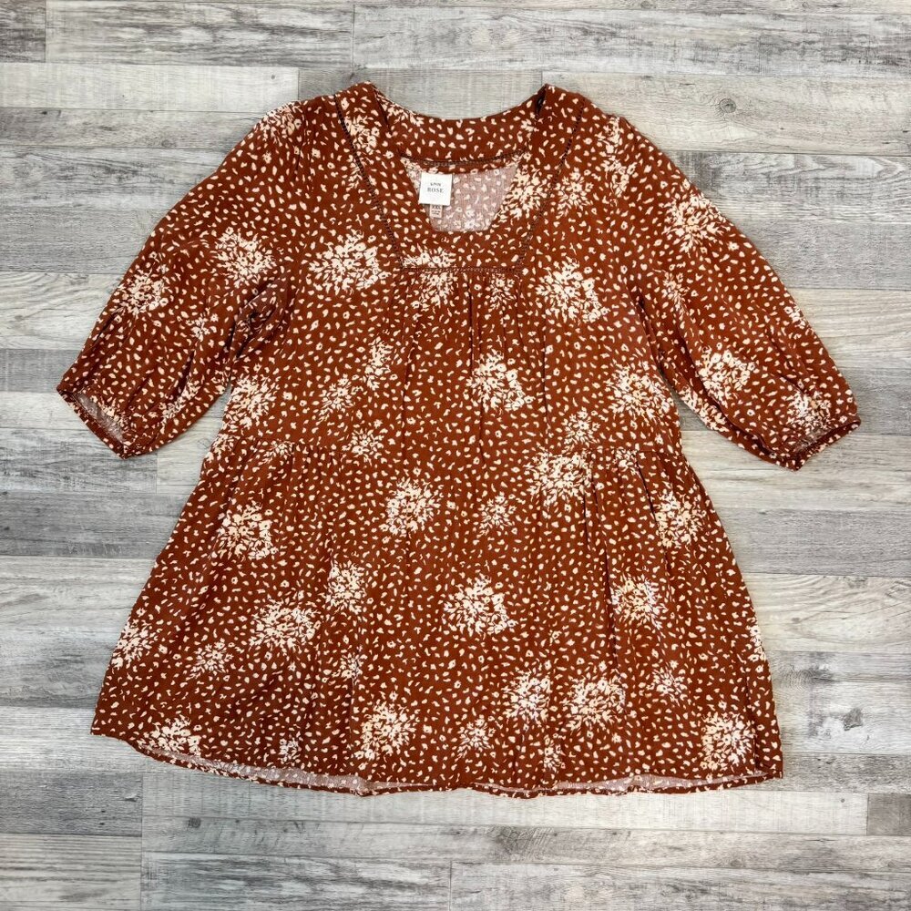 Knox Rose Brown Floral Square Neck Babydoll Shift Dress Size XXL 3/4 Sleeve S23